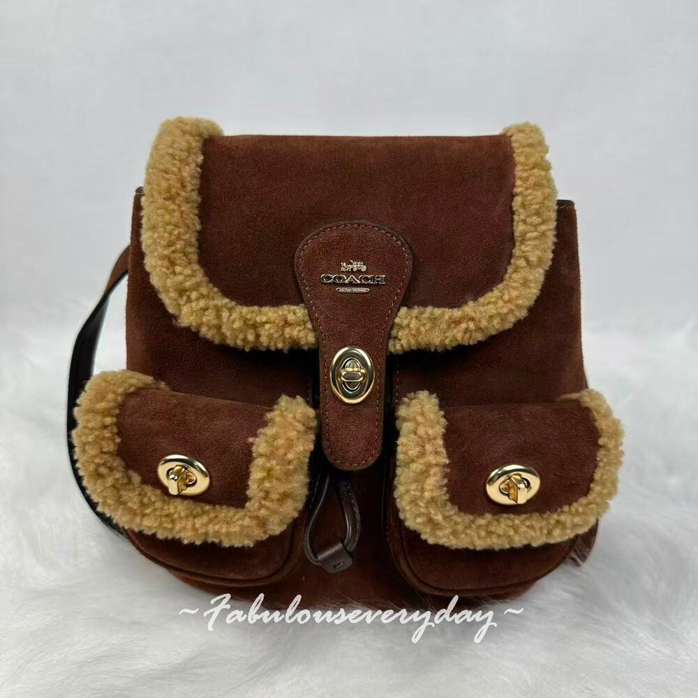 Coach Hadley Backpack In Suede Shearling/Gold/Vintage Brown Multi CCZ25 NWT